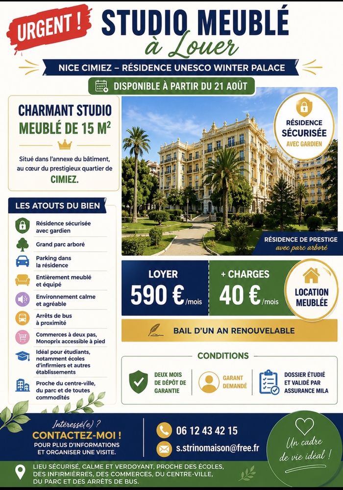 studio en bail meublé à cimiez à nice avec parc privé