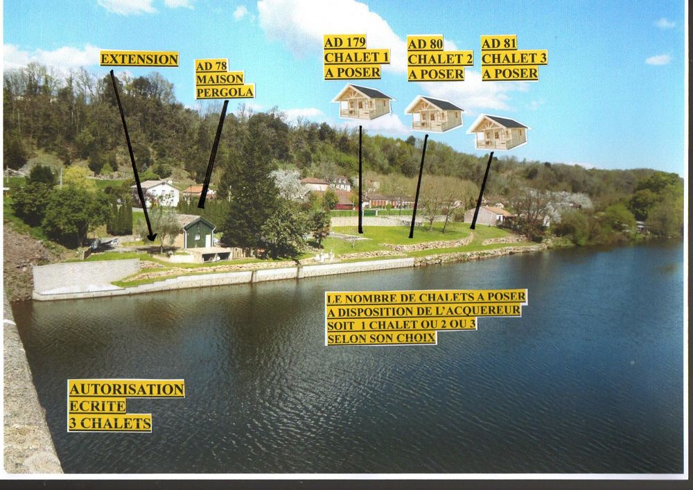 ensemble de 2 lots bord rivière et canal-maison+3 chalets