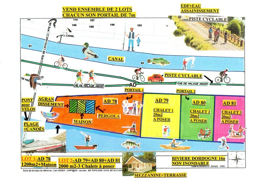 ensemble de 2 lots bord rivière et canal-maison+3 chalets