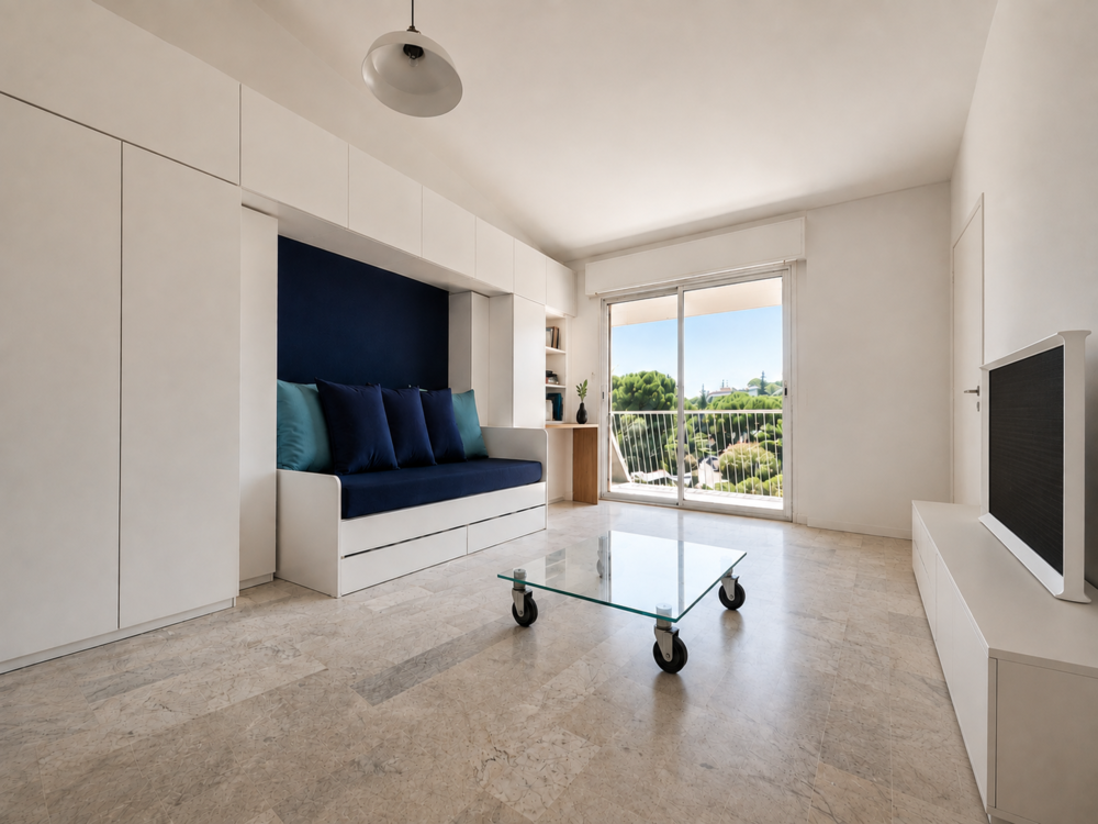 studio 27 m² + balcon 14 m² + cave 9 m² + parking.