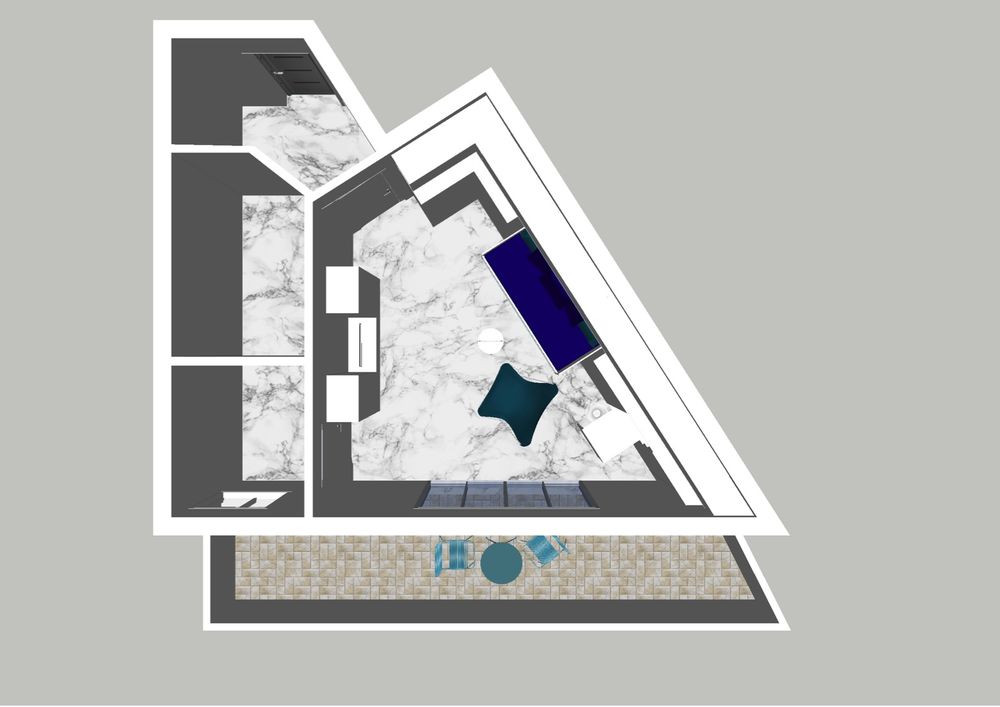 studio 27 m² + balcon 14 m² + cave 9 m² + parking.