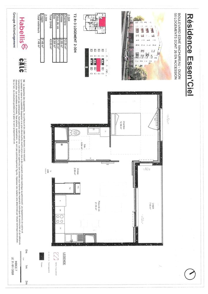 T2, 3eme étage, 44m2 + balcon 7m2 vue dégagée, loué