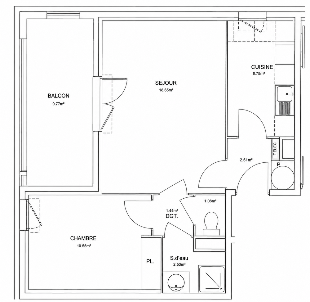 T2 44m² avec balcon et parking privatif
