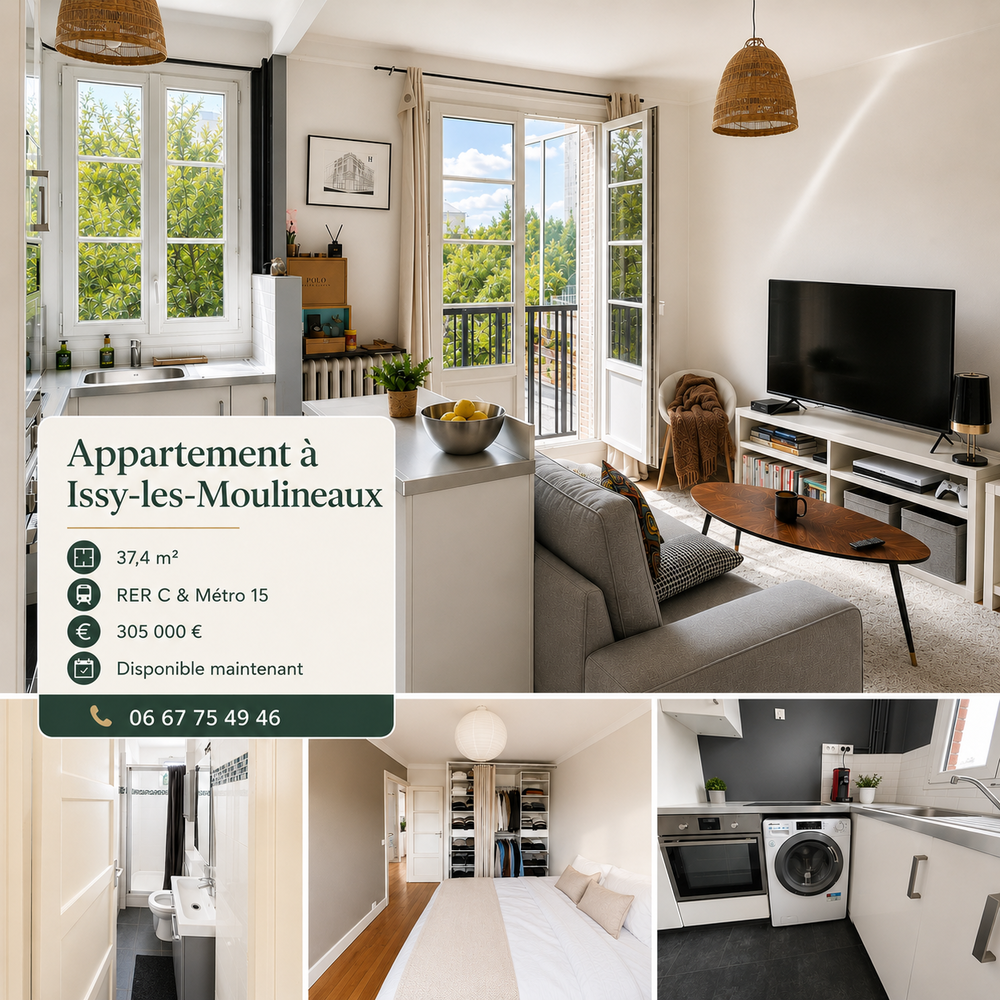 Issy-les-Moulineaux ? 2 P traversant 37 m² - RER C Metro 15