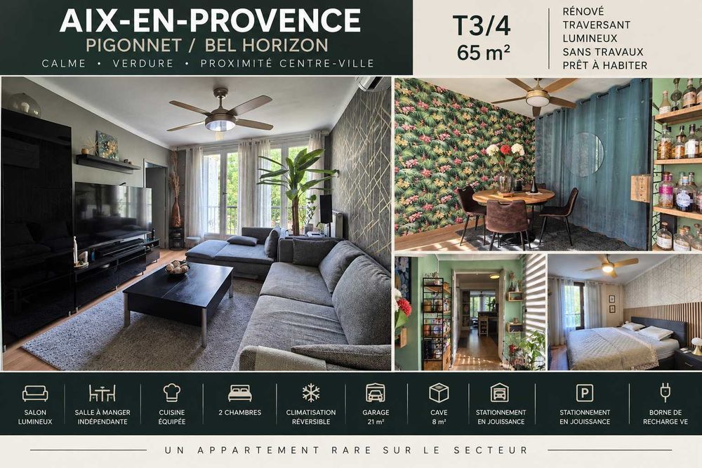 Aix-en-Provence - Pigonnet / Jean Giono - T3/4 rénové 65 m² - Grand garage 21 m² avec borne VE - Cave - 2 stationnements - Nombreux rangements