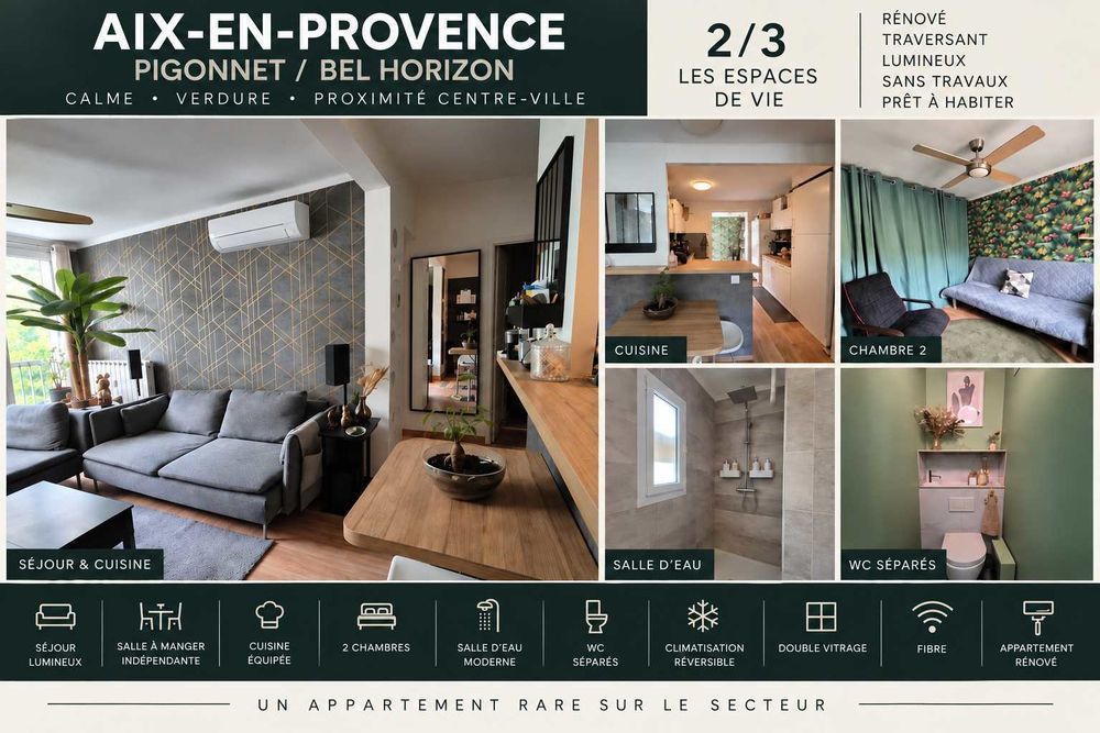 Aix-en-Provence - Pigonnet / Jean Giono - T3/4 rénové 65 m² - Grand garage 21 m² avec borne VE - Cave - 2 stationnements - Nombreux rangements