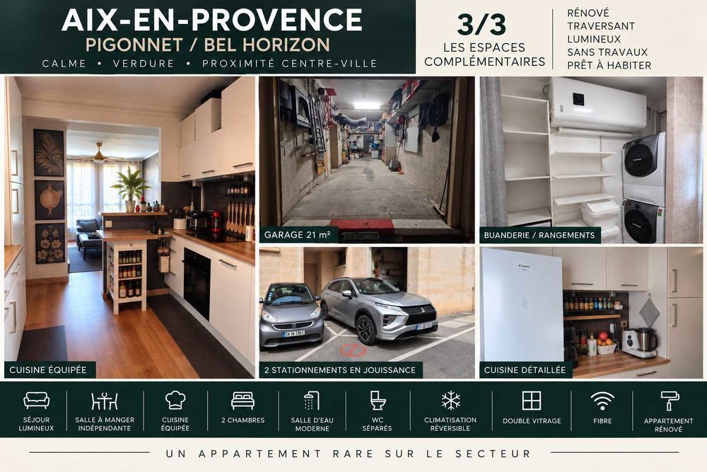 Aix-en-Provence - Pigonnet / Jean Giono - T3/4 rénové 65 m² - Grand garage 21 m² avec borne VE - Cave - 2 stationnements - Nombreux rangements