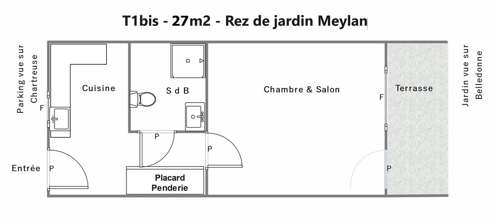 Appartement studio T1bis de 27m2 à Meylan (38) rez de jardin