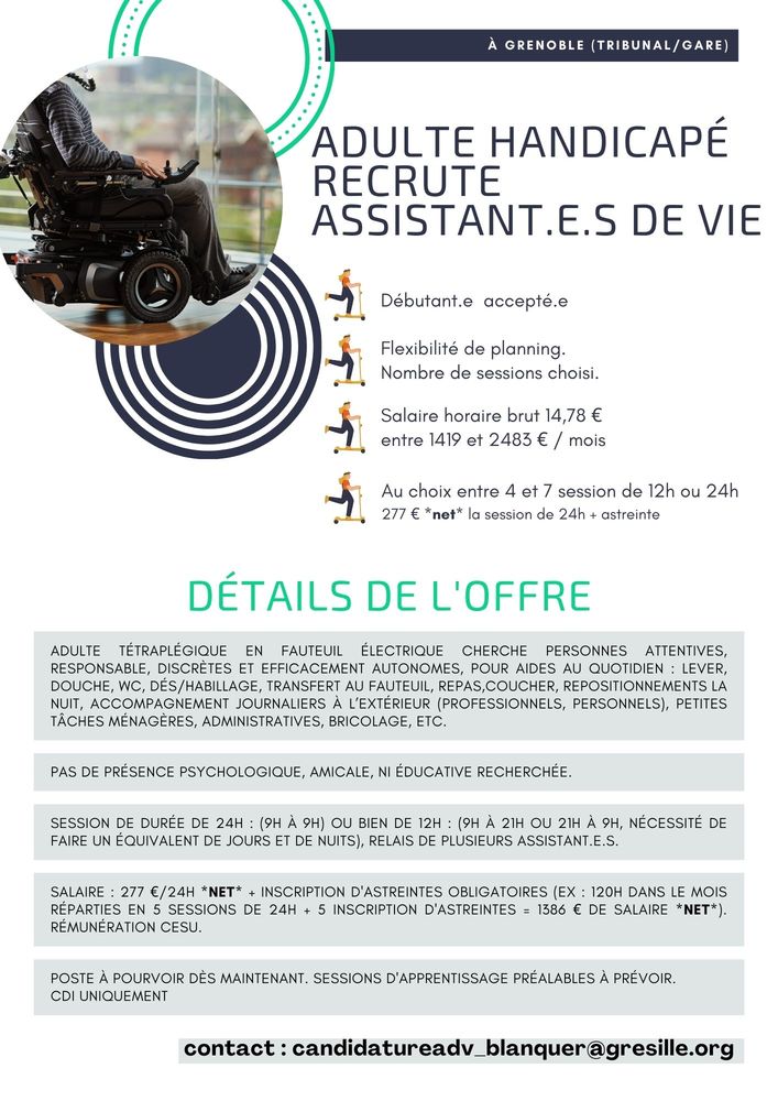 adulte handicap&eacute; cherche assistant-e-s de vie  38000 Grenoble