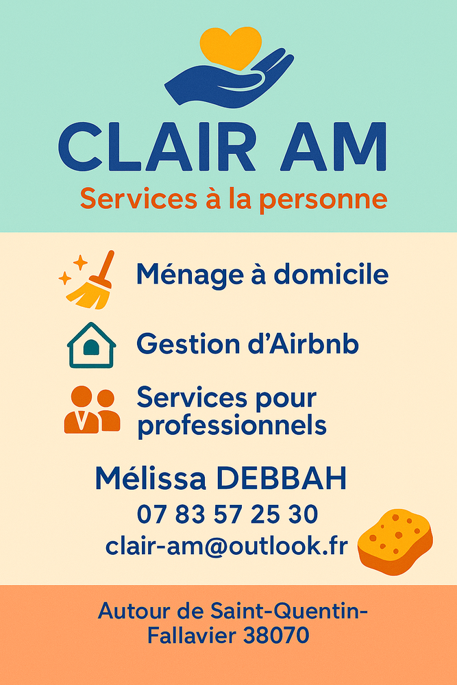 Conciergerie & M&eacute;nage de confiance
Claire AM &agrave; votre service 0 38070 Saint-quentin-fallavier