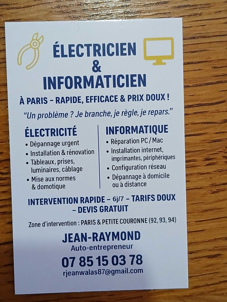 Autoentrepreuneur &agrave;�lectricien 0 75008 Paris