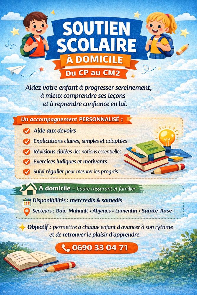 SOUTIEN SCOLAIRE A DOMICILE DU CP AU CM2 0 97122 Baie-mahault
