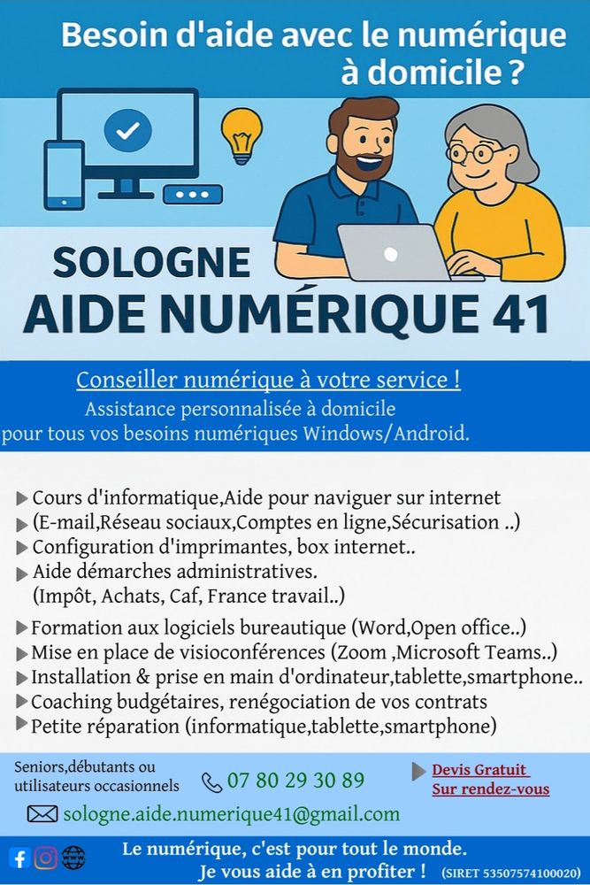 Assistance num&eacute;rique &agrave; domicile ? Sologne Aide Num&eacute;rique 41 0 41210 Marcilly-en-gault