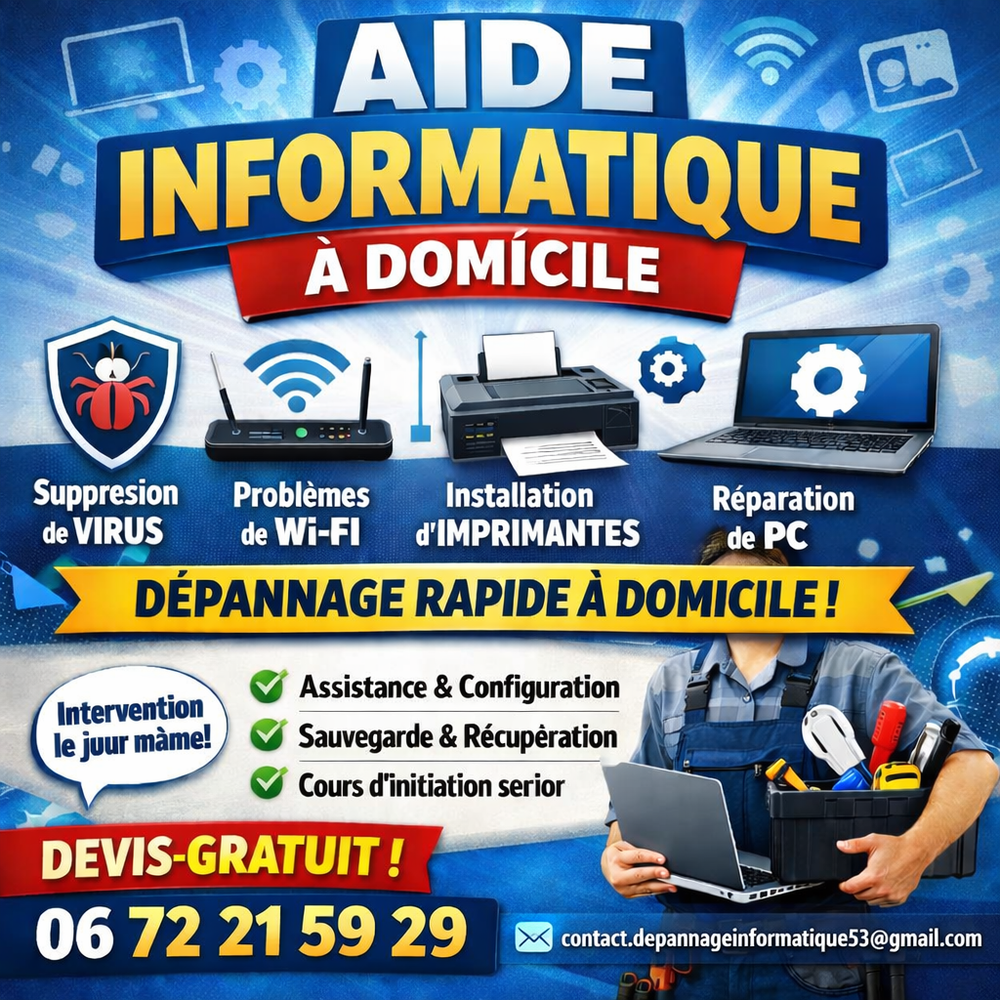 D&Eacute;PANNAGE INFORMATIQUE &Agrave; DOMICILE 0 53600 �vron