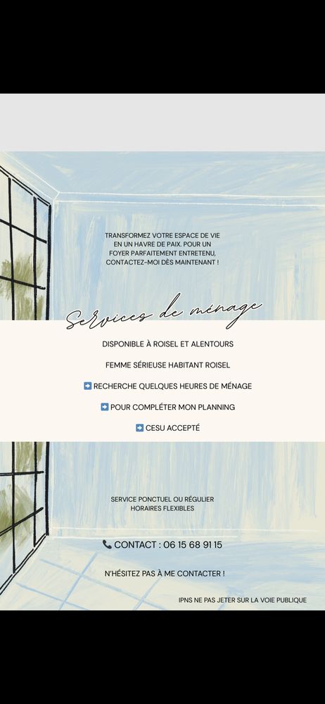 Femme de m&eacute;nage sur Roisel ou ses proches allentours 0 80240 Roisel