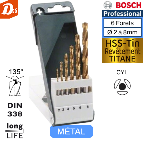 Coffret BOSCH 6 Forets H&Eacute;LICO&Iuml;DAL Robust-Line HSS-TIN 31 26290 Les granges-gontardes