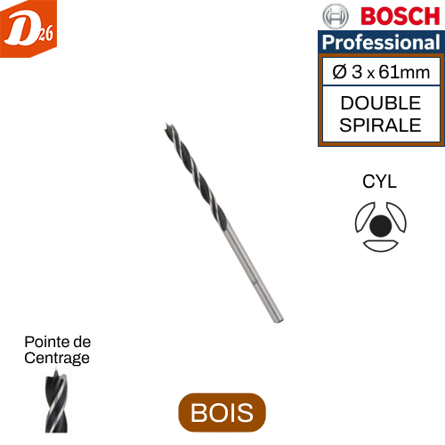 Foret BOSCH M&egrave;che H&eacute;lico&iuml;dale &agrave; DOUBLE SPIRALE Sp&eacute;cial Bois 3 26290 Les granges-gontardes