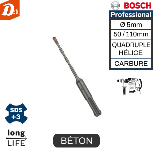 Forets B&eacute;ton BOSCH SDS-plus-3 QUADRUPLE H&Eacute;LICE 3 26290 Les granges-gontardes