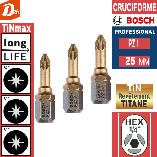 3 embouts de vissage BOSCH PZ 1 au NITRURE de TITANE 3 26290 Les granges-gontardes