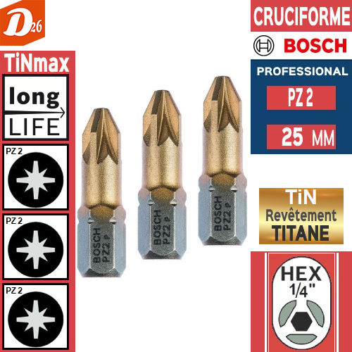 3 embouts de vissage BOSCH PZ2 au NITRURE de TITANE 3 26290 Les granges-gontardes