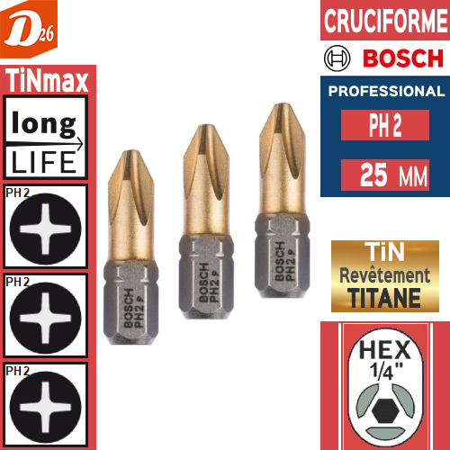3 embouts de vissage BOSCH PH 2 au NITRURE de TITANE 3 26290 Les granges-gontardes