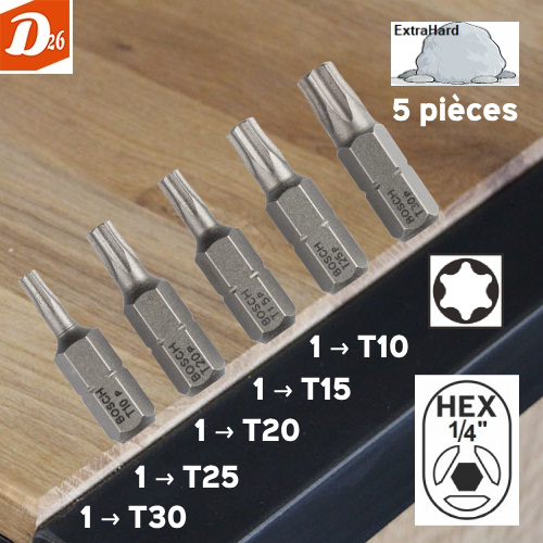 5 embouts de vissage 6 Pans T10 T15 T20 T25 T30 EXTRA DURE 6 26290 Les granges-gontardes