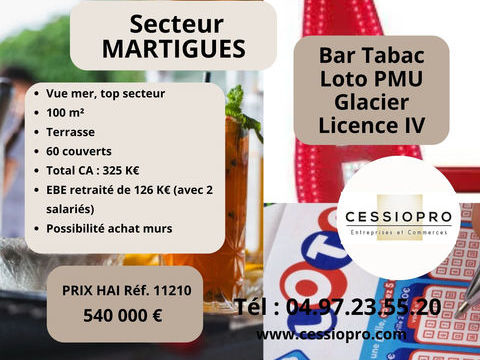 Tr&egrave;s beau Bar Tabac Loto PMU Cave &agrave; Cigares Glacier avec belle Terrasse, secteur touristique, bord de mer   Se 540000 13500 Martigues