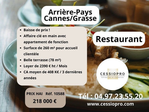 Restaurant r&eacute;put&eacute; arri&egrave;re-pays Cannes/Grasse avec appartement de fonction 218000 06130 Grasse