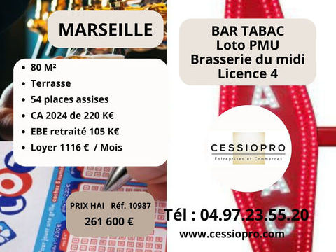 Affaire &agrave; saisir !!! A vendre Bar Tabac Loto PMU, Brasserie du midi, Licence 4, avec Terrasse, sur Marseille 261600 13002 Marseille