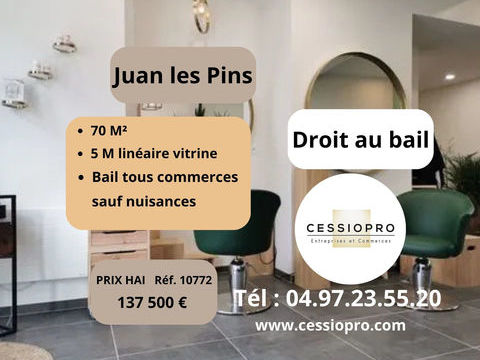 Droit au bail, 70 m2, 5 m lin&eacute;aire vitrine, bail tous commerces sauf nuisances, Juan-les-Pins, emplacement No1 137500 06160 Juan les pins