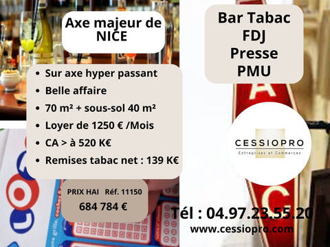 Bar (licence 3)   tabac   FDJ   PMU   Presse   CA sup&eacute;rieur &agrave; 520K� - Axe majeur de NICE 684784 06100 Nice