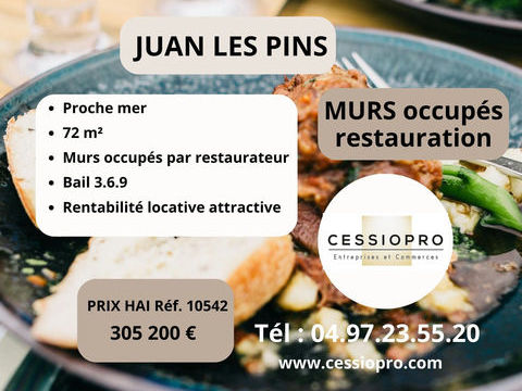 Juan les Pins,   Murs commerciaux occup&eacute;s, 72m2, bail 3.6.9, restauration, proche de la mer. 305200 06160 Juan les pins