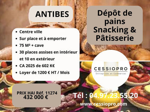 Antibes, centre-ville, bon emplacement, d&eacute;p&ocirc;t de pain, snacking et p&acirc;tisserie, sur place et &agrave; emporter, terras 432000 06600 Antibes