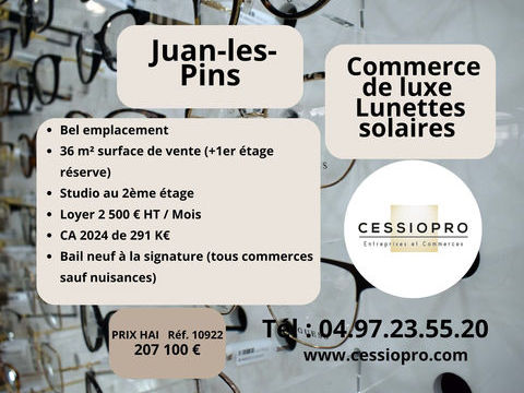 A vendre commerce de luxe, lunettes solaires et article de Paris, bel emplacement, studio &agrave; l'&eacute;tage &agrave; Antibes 207100 06160 Juan les pins