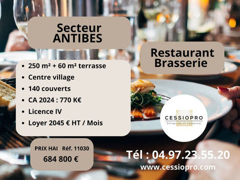 Restaurant-brasserie, centre du village, grande terrasse ensoleill&eacute;e, une institution, secteur Antibes 684800 06600 Antibes