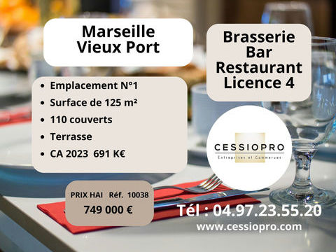 Brasserie Bar, restaurant licence 4 sur le vieux port de Marseille. Emplacement num&eacute;ro 1. Terrasse 749000 13002 Marseille