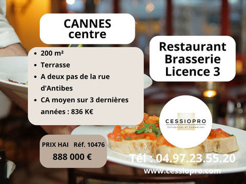 Restaurant Brasserie Licence 3 - 130 places &agrave; deux pas de la Rue d'Antibes &agrave; CANNES 888000 06400 Cannes