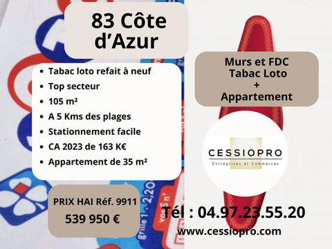 Tabac Loto Bimbeloteries + Murs comprenant le FDC + 1 Appartement + 2e R&eacute;serve 539950 83400 Hyeres