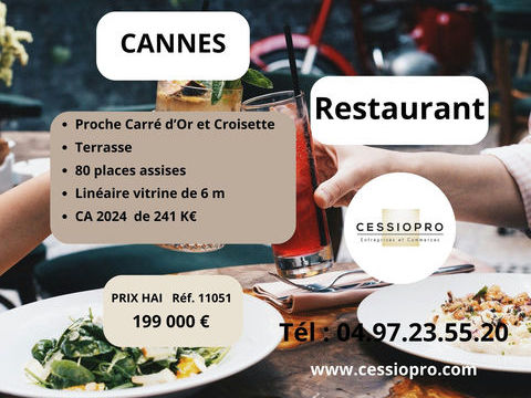 A VENDRE  RESTAURANT A CANNES, PROCHE CARRE D'OR ET CROISETTE AVEC TERRASSE DE 20 PLACES 199000 06400 Cannes
