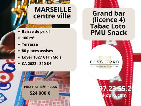 Grand Bar (Licence IV) Tabac Loto PMU + Snack, et Terrasses, sur Marseille. Baisse de Prix ! 524000 13015 Marseille