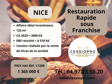 NICE-FONDS DE COMMERCE RESTAURATION RAPIDE SOUS FRANCHISE A FORTE RENTABILIT&Eacute; 1365000 06000 Nice