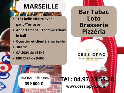 Tr&egrave;s beau Bar Tabac Loto Brasserie Pizzeria avec Patio/Terrasse + Appartement, sur Marseille - Affaire &agrave; d&eacute;vel 399600 13011 Marseille