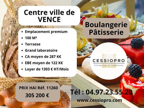 CENTRE VILLE DE VENCE   A vendre Boulangerie p&acirc;tisserie 100M2 + terrasse en plein de c�ur de Vence Emplacement 305200 06140 Vence