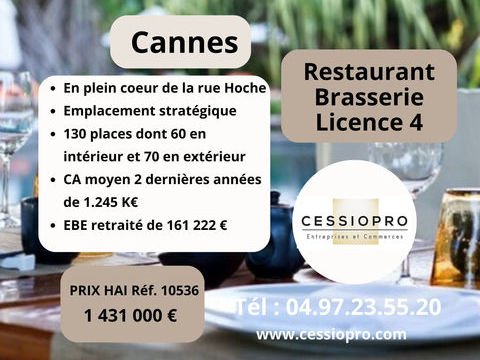 Restaurant Brasserie licence 4  avec  130 places en plein c�ur de la rue hoche &agrave; Cannes 1431000 06400 Cannes