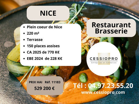 &Eacute;l&eacute;gant Restaurant/Brasserie 770K� de CA 2025 avec fort potentiel de d&eacute;veloppement   220 m2 en plein c�ur de N 529200 06000 Nice