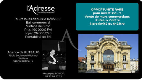 Vente murs commerciaux lou&eacute;s (26 000 / an)/Centre ville PUTEAUX 490000 92800 Puteaux
