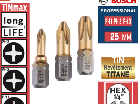 3 embouts de vissage BOSCH PH1 PH2 PH3 au NITRURE de TITANE 3 26290 Les granges-gontardes
