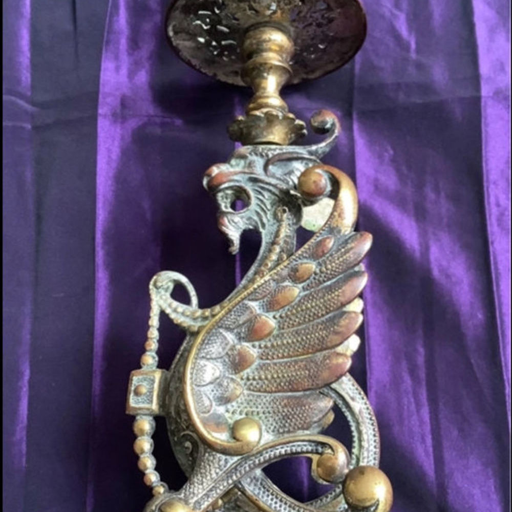 Bougeoir ancien Bronze = Chim&egrave;re ail&eacute;e Décoration