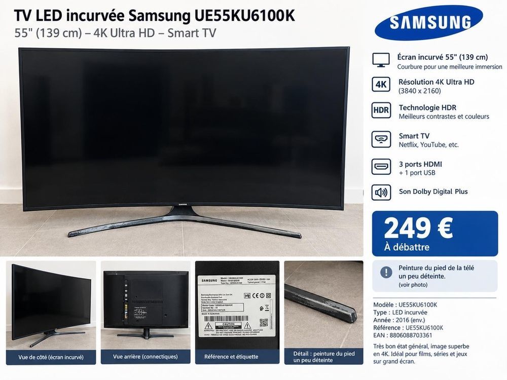 TV LED incurv&eacute;e Samsung 55" 4K Ultra HD Photos/Video/TV