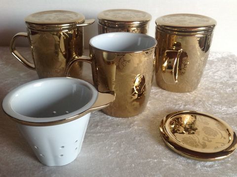 4 TISANI�RES AVEC FILTRE CHROME DOR� � FLEURS Envoi Possible 85 Tr�gunc (29)